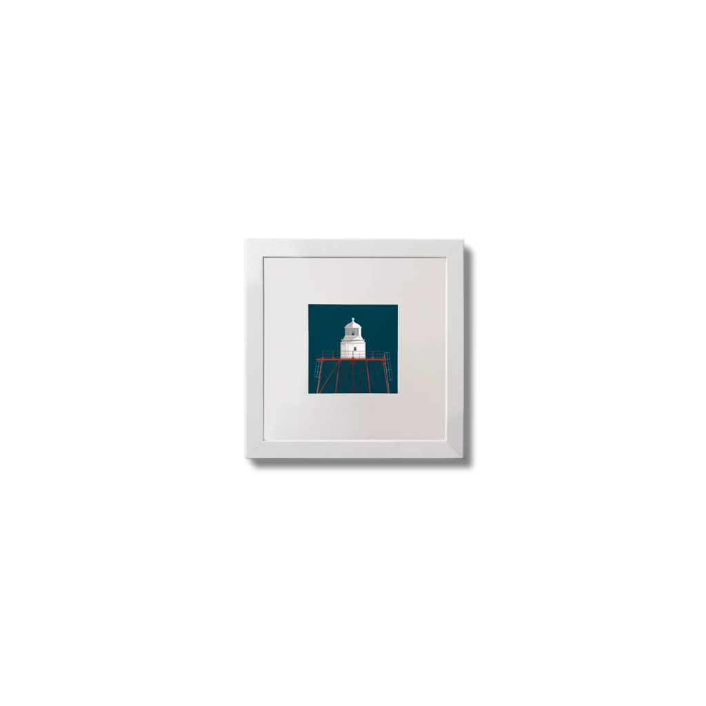 Illustration of Spitbank lighthouse on a midnight blue background,  in a white square frame measuring 10x10cm.
