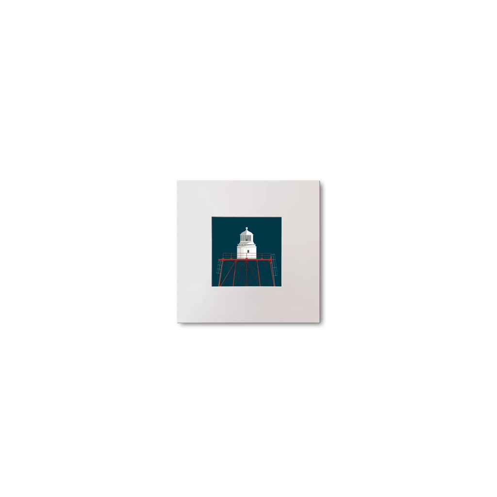 Illustration of Spitbank lighthouse on a midnight blue background, mounted and measuring 10x10cm.
