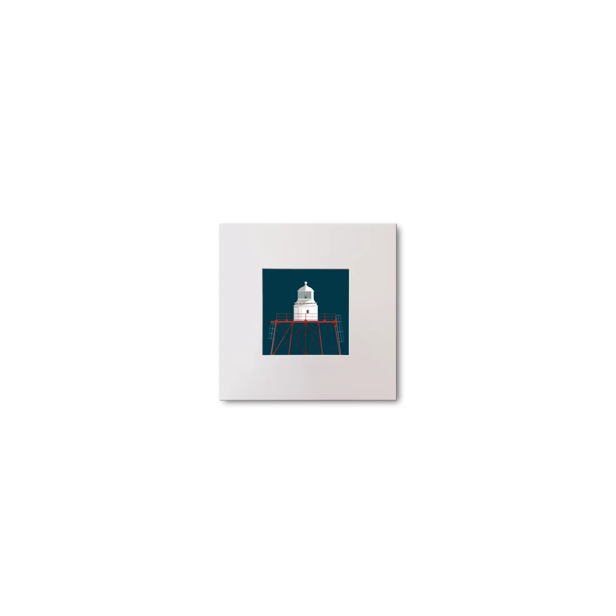 Illustration of Spitbank lighthouse on a midnight blue background, mounted and measuring 10x10cm.