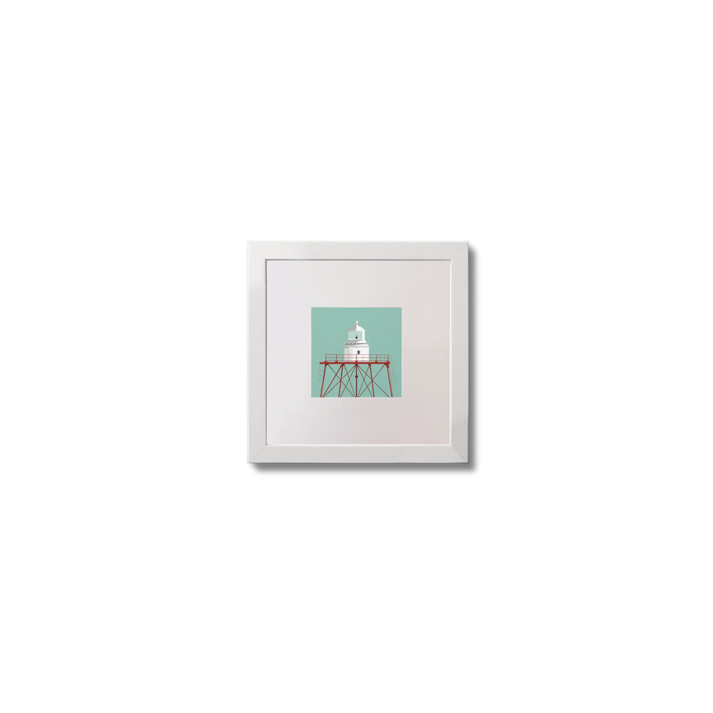 Illustration of Spitbank lighthouse on an ocean green background,  in a white square frame measuring 10x10cm.