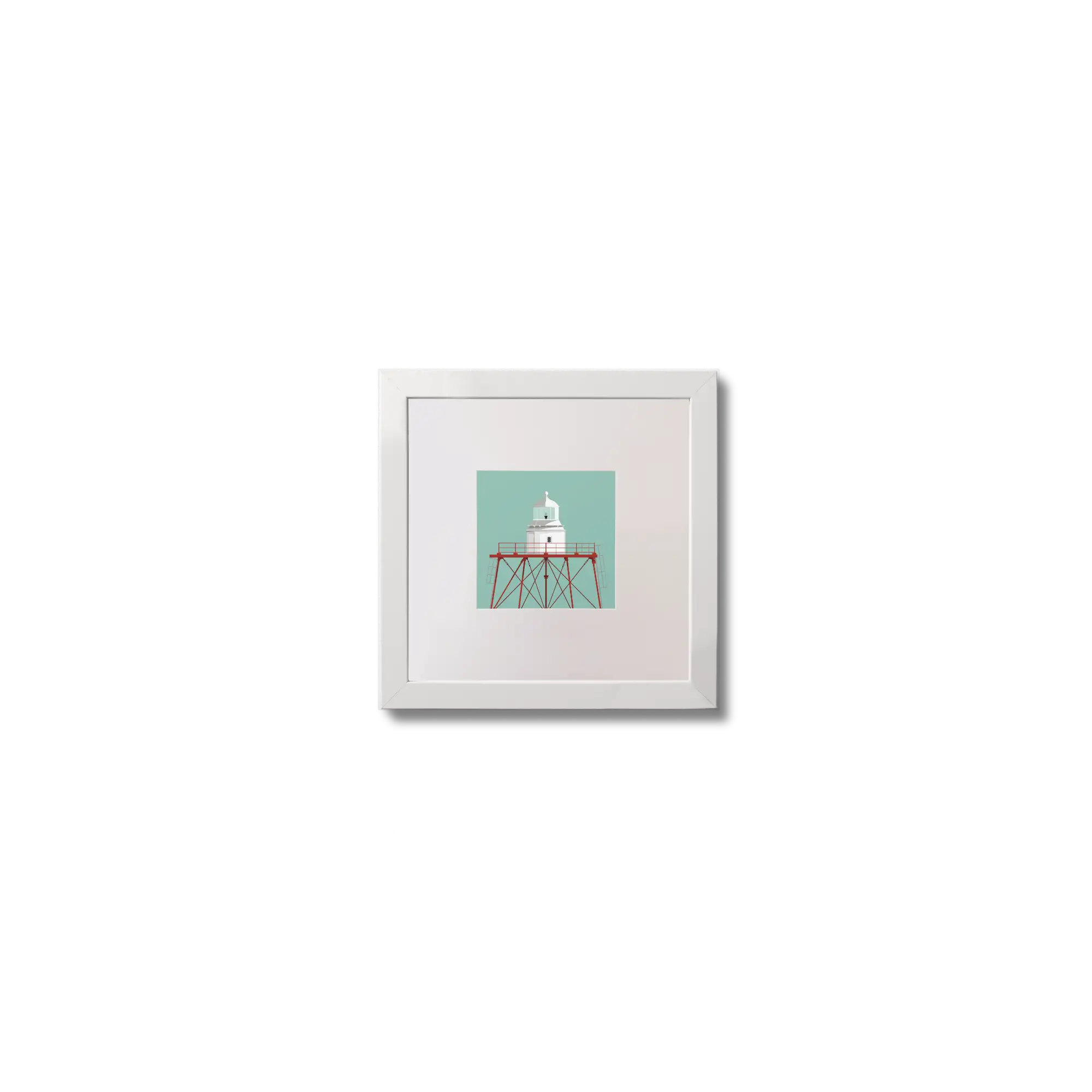 Illustration of Spitbank lighthouse on an ocean green background,  in a white square frame measuring 10x10cm.