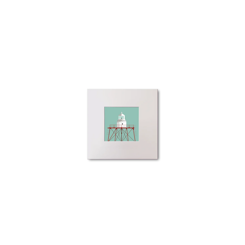 Illustration of Spitbank lighthouse on an ocean green background, mounted and measuring 10x10cm.