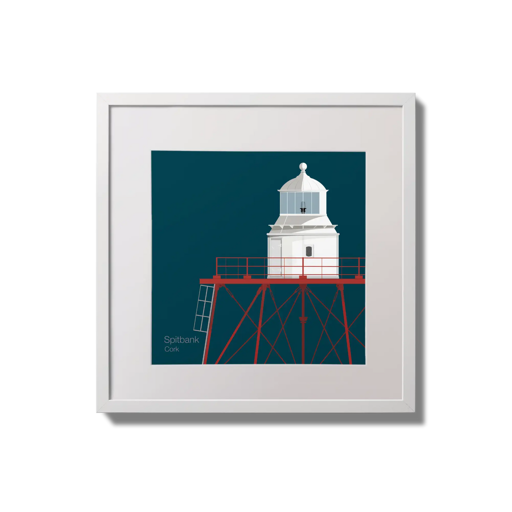 Illustration of Spitbank lighthouse on a midnight blue background,  in a white square frame measuring 20x20cm.