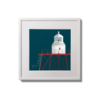 Illustration of Spitbank lighthouse on a midnight blue background,  in a white square frame measuring 20x20cm.