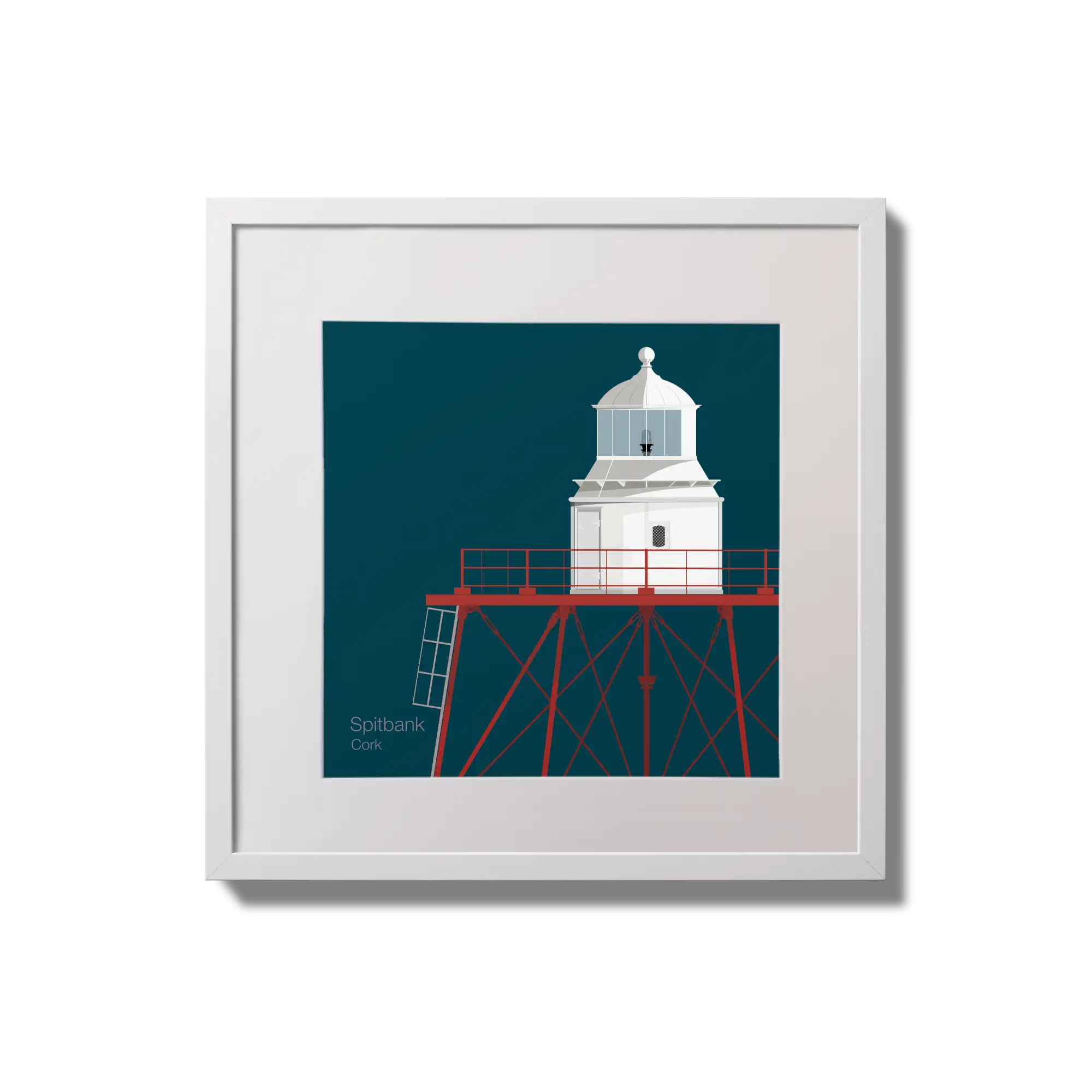 Illustration of Spitbank lighthouse on a midnight blue background,  in a white square frame measuring 20x20cm.