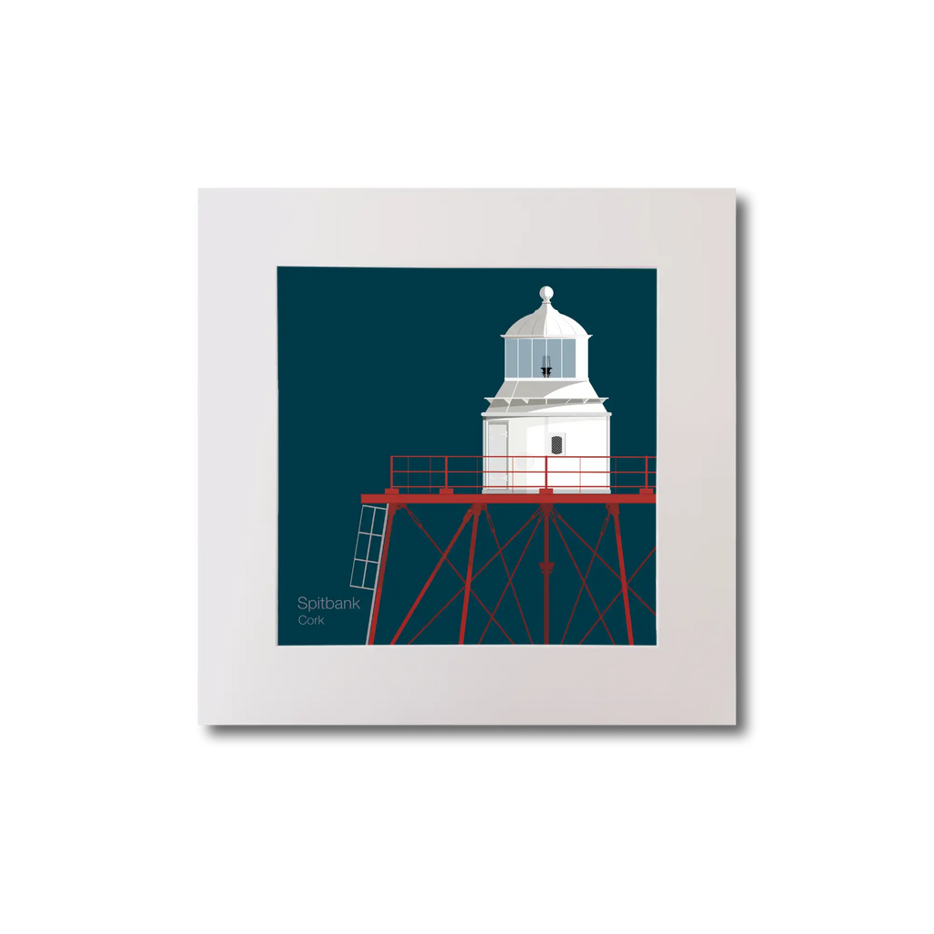Illustration of Spitbank lighthouse on a midnight blue background, mounted and measuring 20x20cm.
