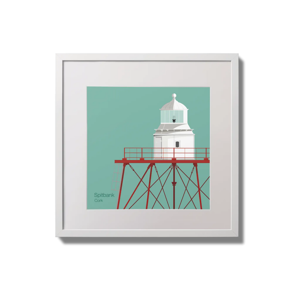 Illustration of Spitbank lighthouse on an ocean green background,  in a white square frame measuring 20x20cm.