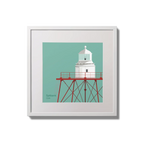 Illustration of Spitbank lighthouse on an ocean green background,  in a white square frame measuring 20x20cm.