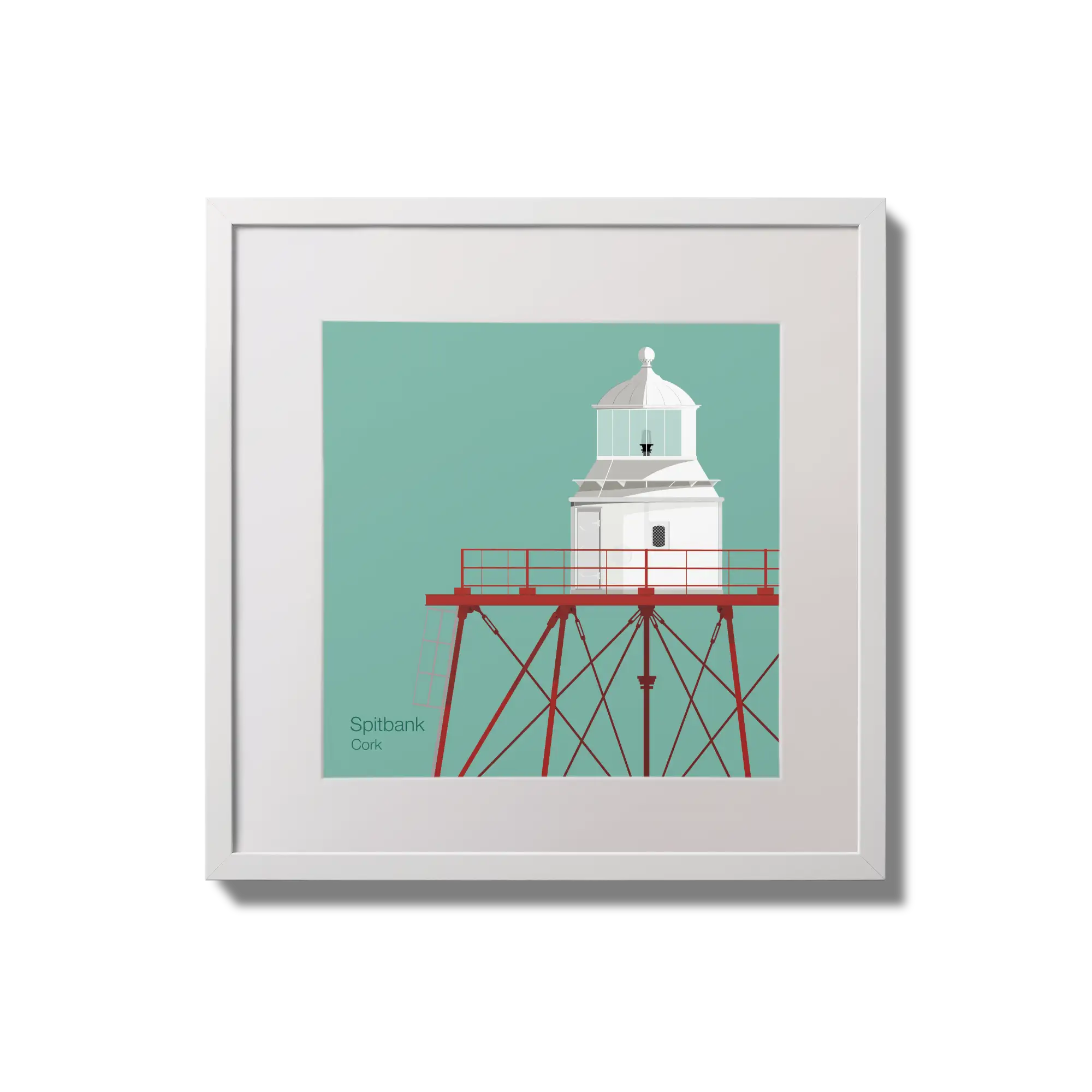 Illustration of Spitbank lighthouse on an ocean green background,  in a white square frame measuring 20x20cm.