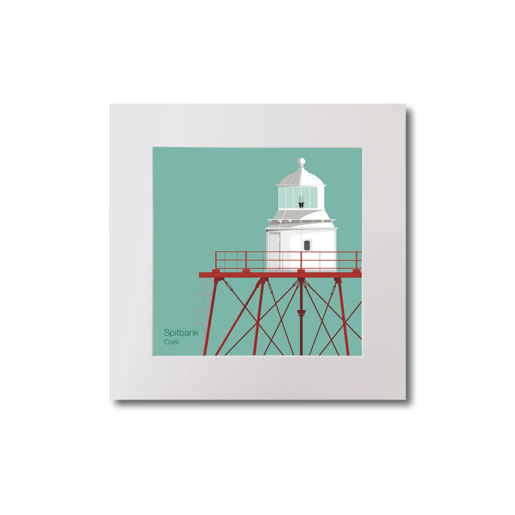 Illustration of Spitbank lighthouse on an ocean green background, mounted and measuring 20x20cm.