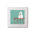 Illustration of Spitbank lighthouse on an ocean green background, mounted and measuring 20x20cm.