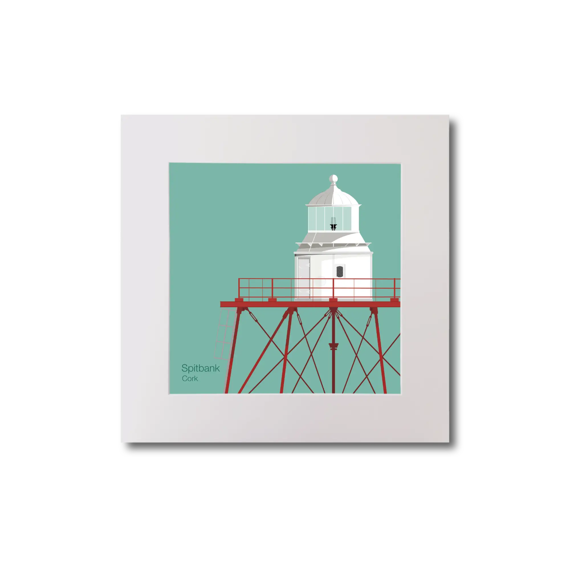 Illustration of Spitbank lighthouse on an ocean green background, mounted and measuring 20x20cm.