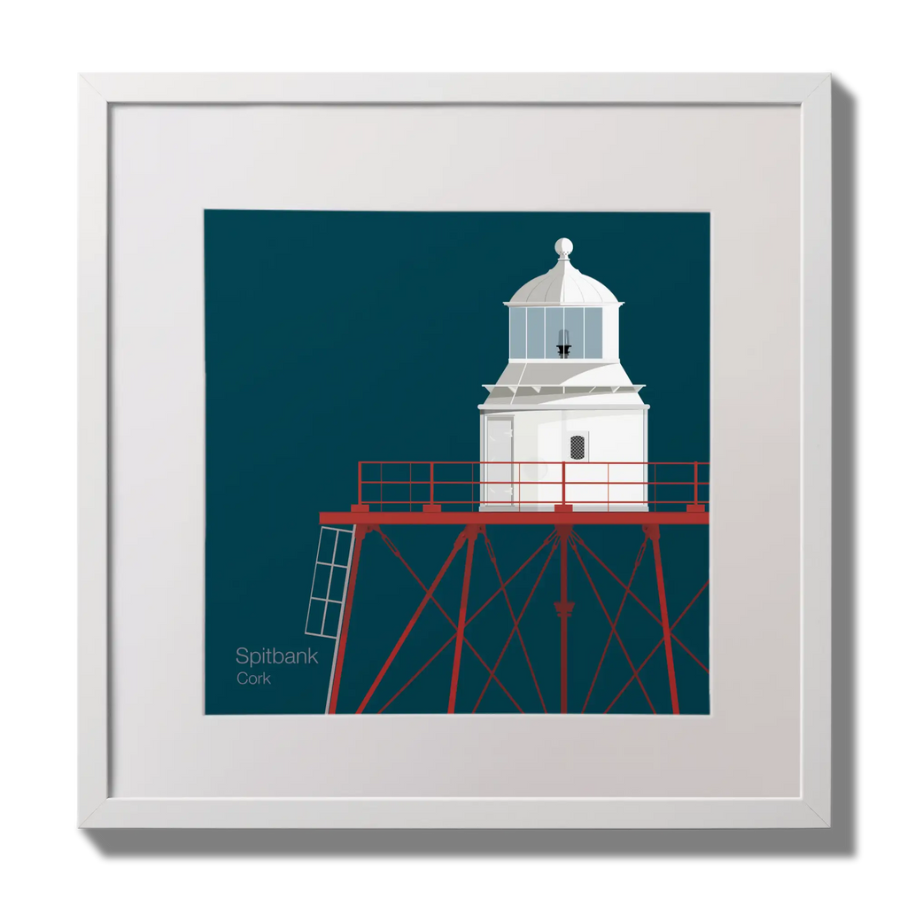 Illustration of Spitbank lighthouse on a midnight blue background,  in a white square frame measuring 30x30cm.