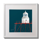 Illustration of Spitbank lighthouse on a midnight blue background,  in a white square frame measuring 30x30cm.