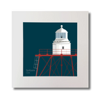Illustration of Spitbank lighthouse on a midnight blue background, mounted and measuring 30x30cm.