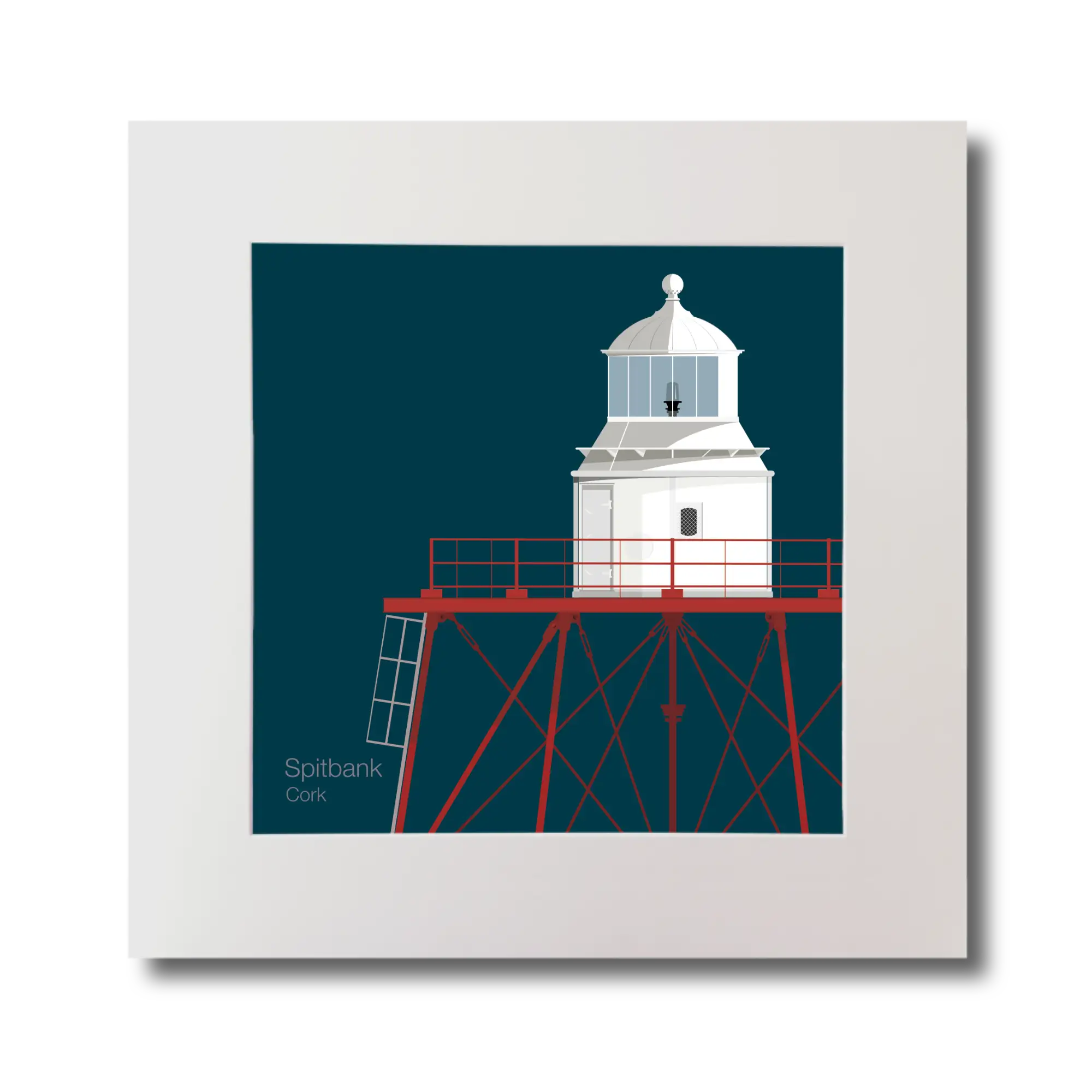 Illustration of Spitbank lighthouse on a midnight blue background, mounted and measuring 30x30cm.