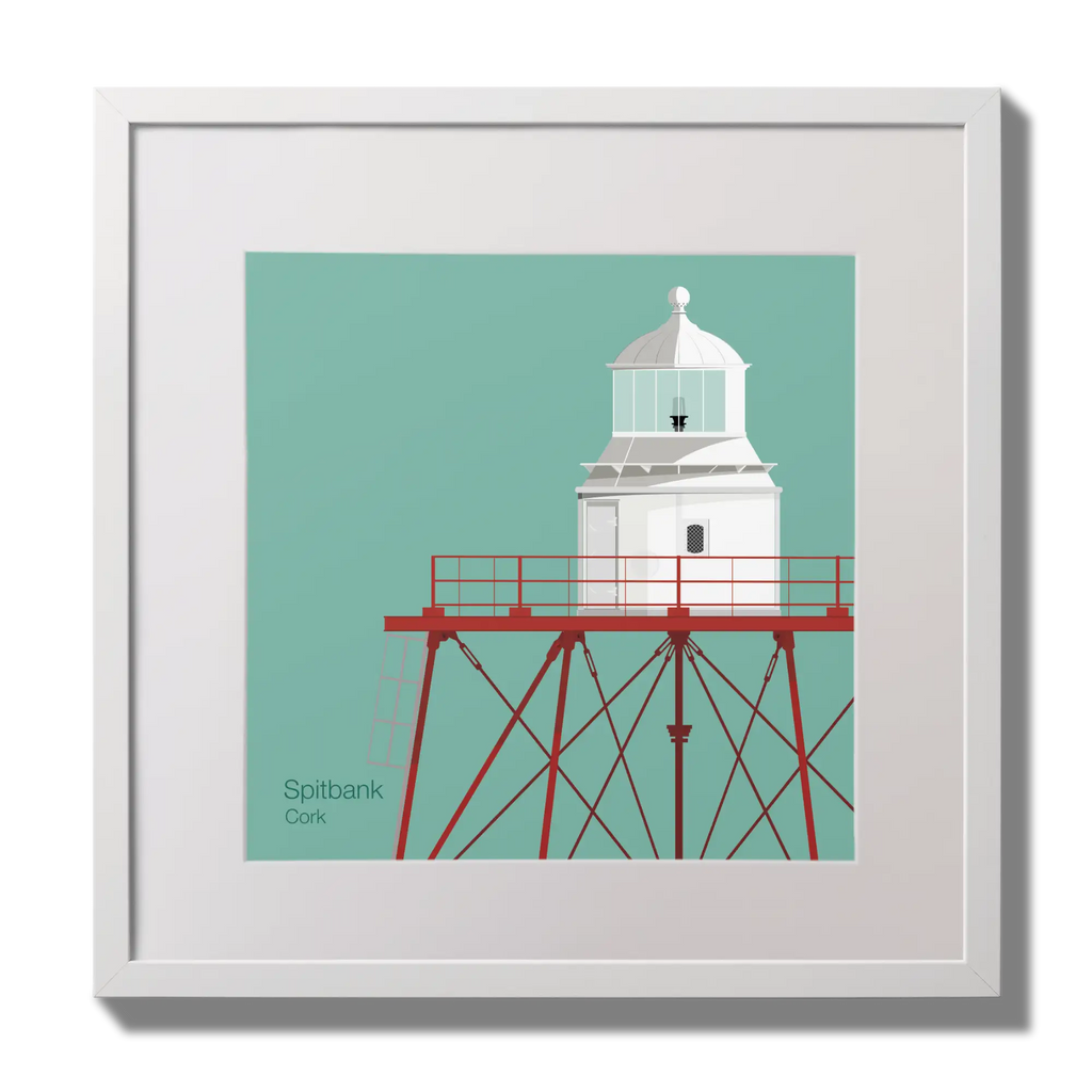 Illustration of Spitbank lighthouse on an ocean green background,  in a white square frame measuring 30x30cm.