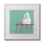 Illustration of Spitbank lighthouse on an ocean green background,  in a white square frame measuring 30x30cm.