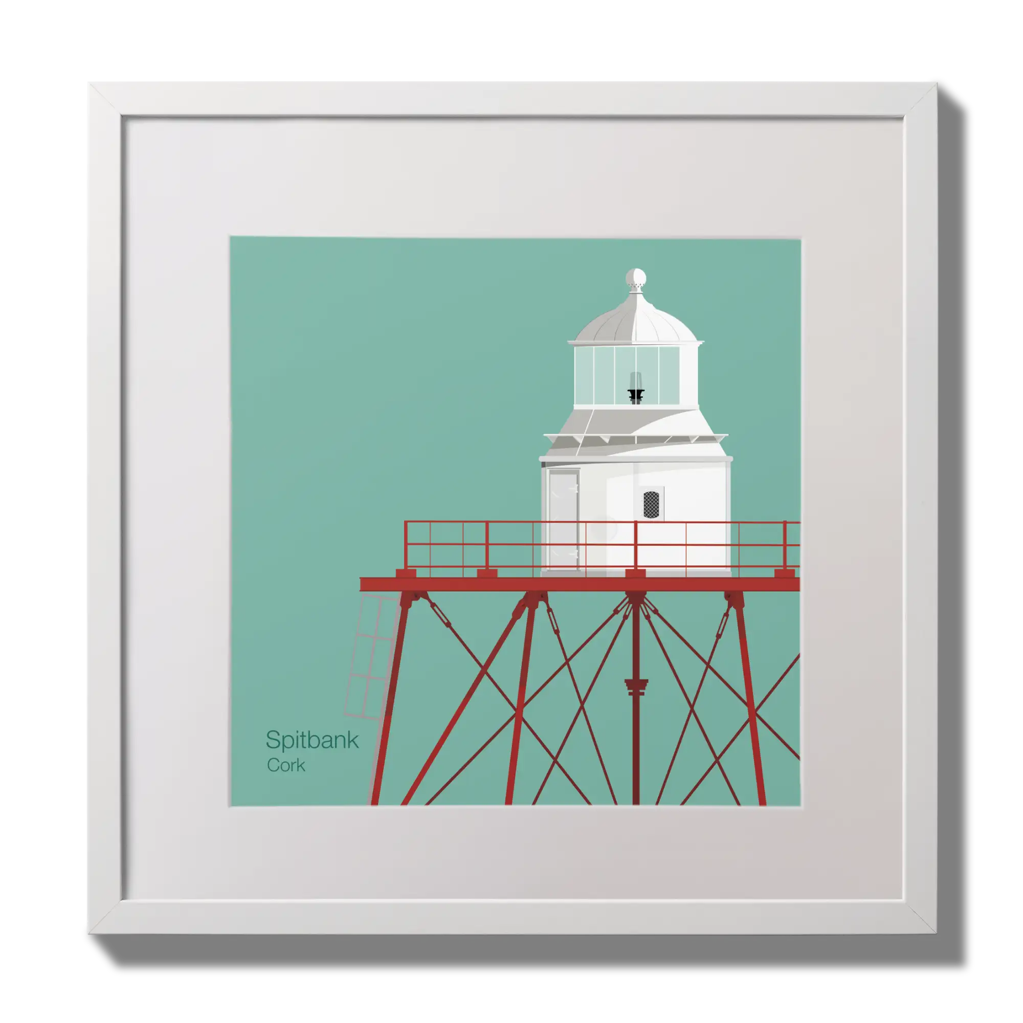 Illustration of Spitbank lighthouse on an ocean green background,  in a white square frame measuring 30x30cm.
