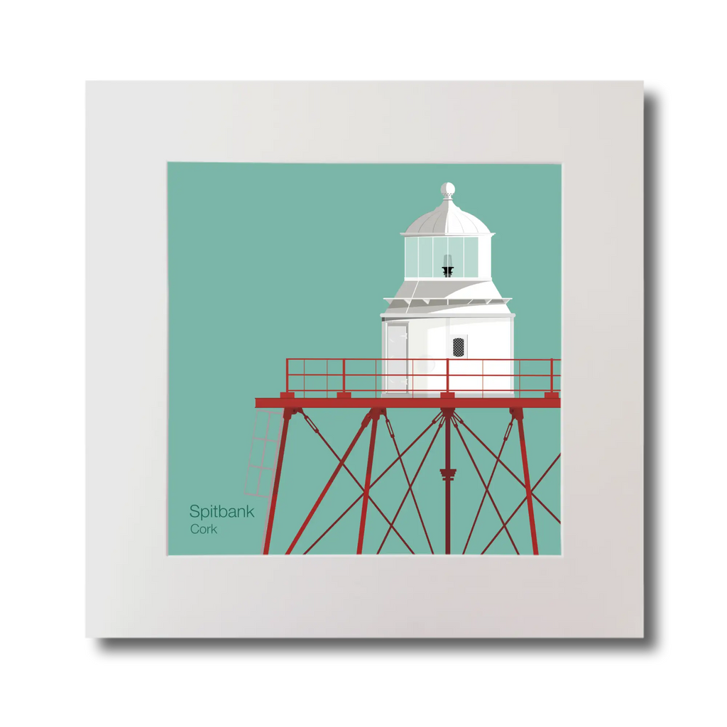 Illustration of Spitbank lighthouse on an ocean green background, mounted and measuring 30x30cm.