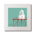 Illustration of Spitbank lighthouse on an ocean green background, mounted and measuring 30x30cm.