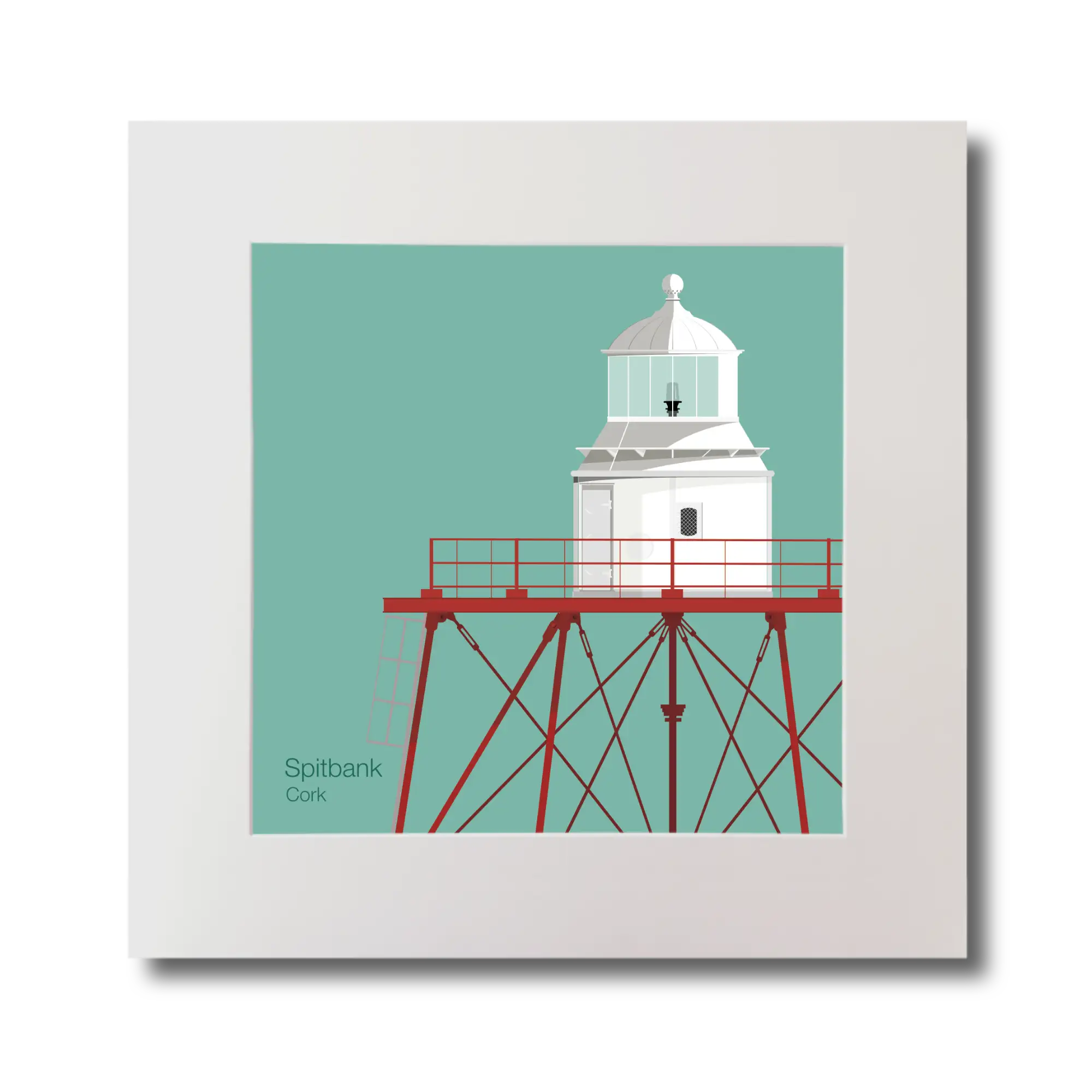Illustration of Spitbank lighthouse on an ocean green background, mounted and measuring 30x30cm.