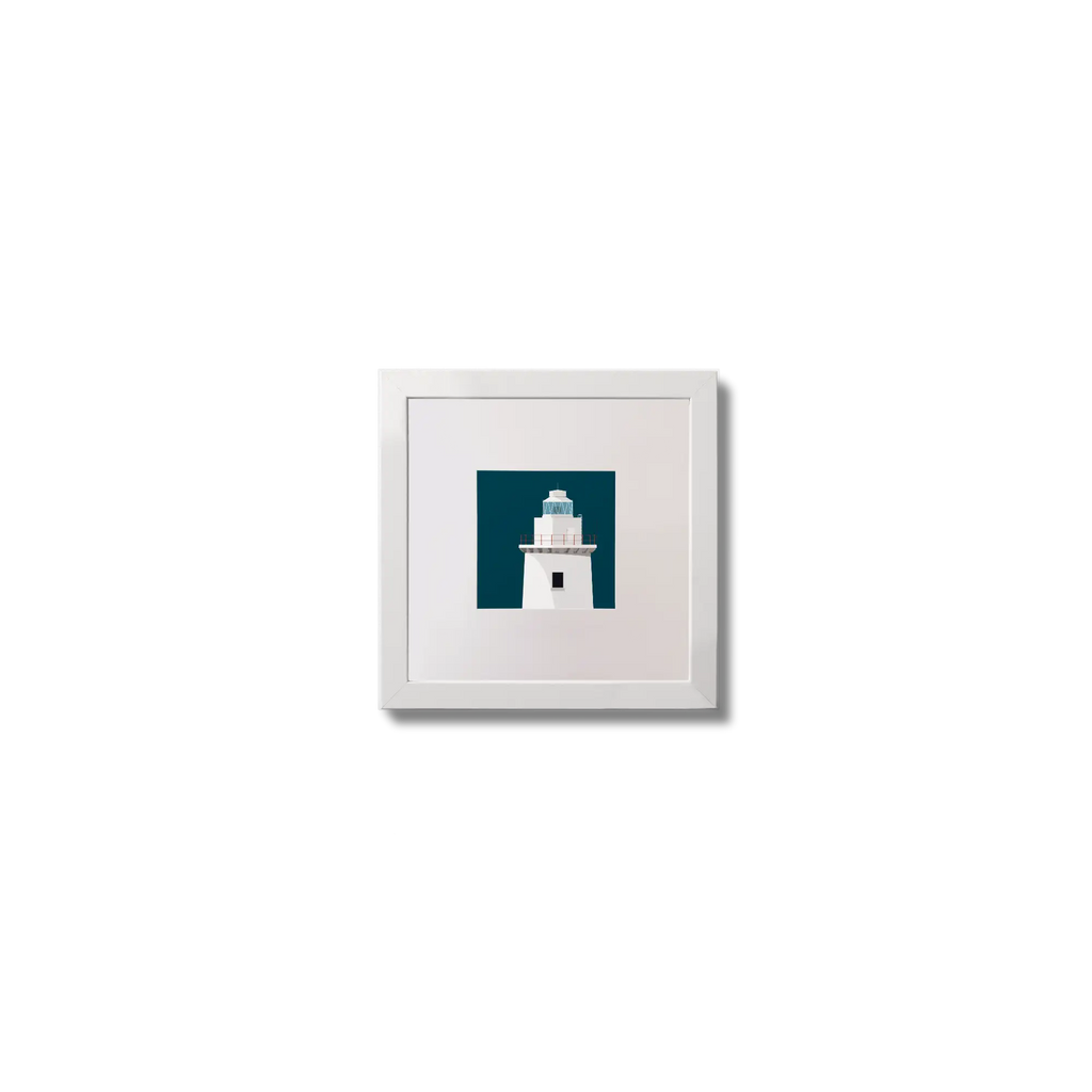 Illustration of Ardnakinna lighthouse on a midnight blue background,  in a white square frame measuring 10x10cm.
