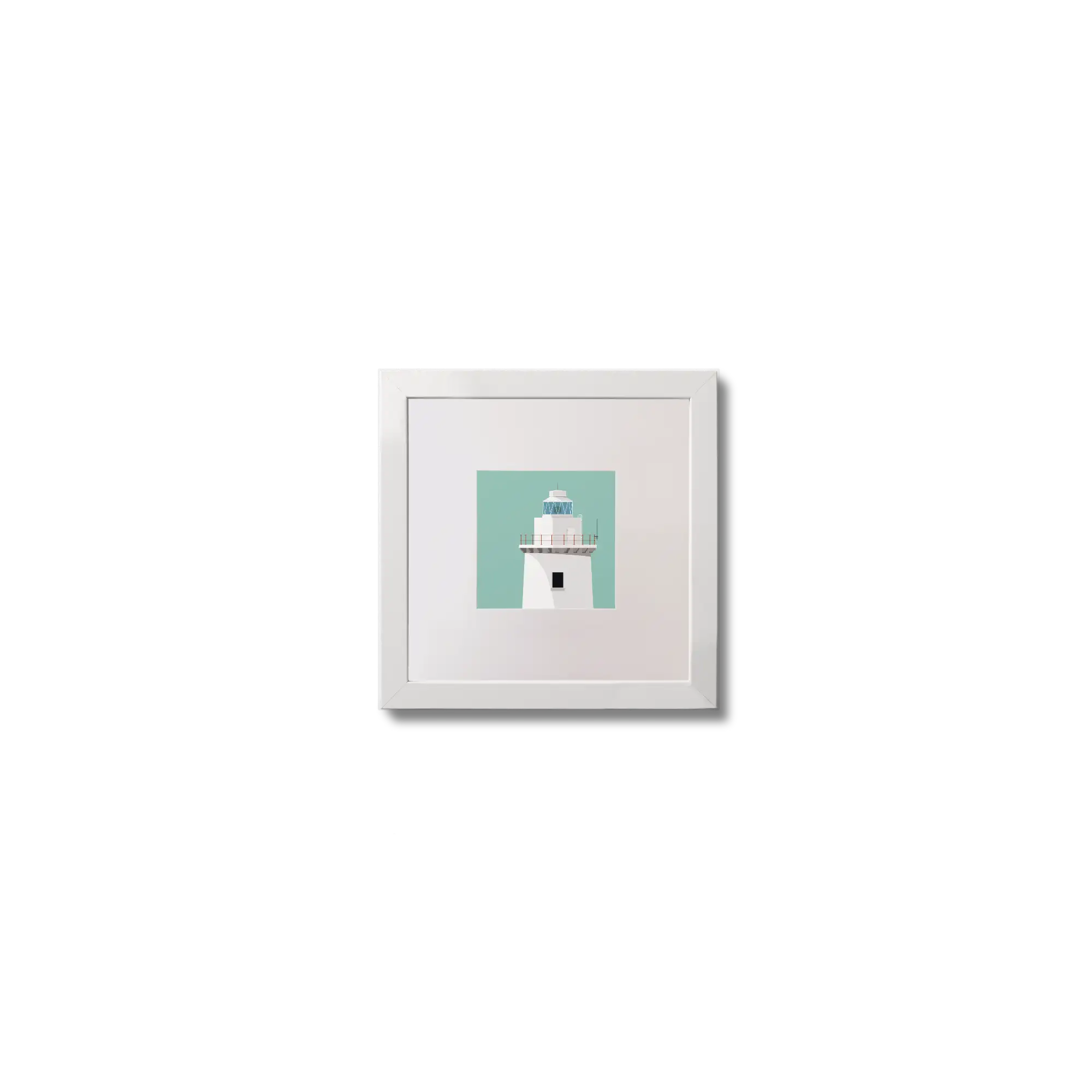 Illustration of Ardnakinna lighthouse on an ocean green background,  in a white square frame measuring 10x10cm.