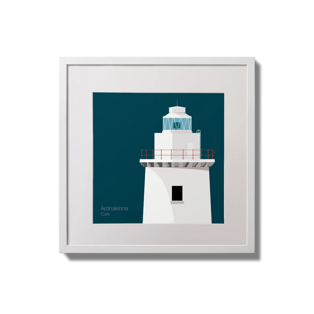 Illustration of Ardnakinna lighthouse on a midnight blue background,  in a white square frame measuring 20x20cm.