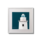 Illustration of Ardnakinna lighthouse on a midnight blue background,  in a white square frame measuring 20x20cm.