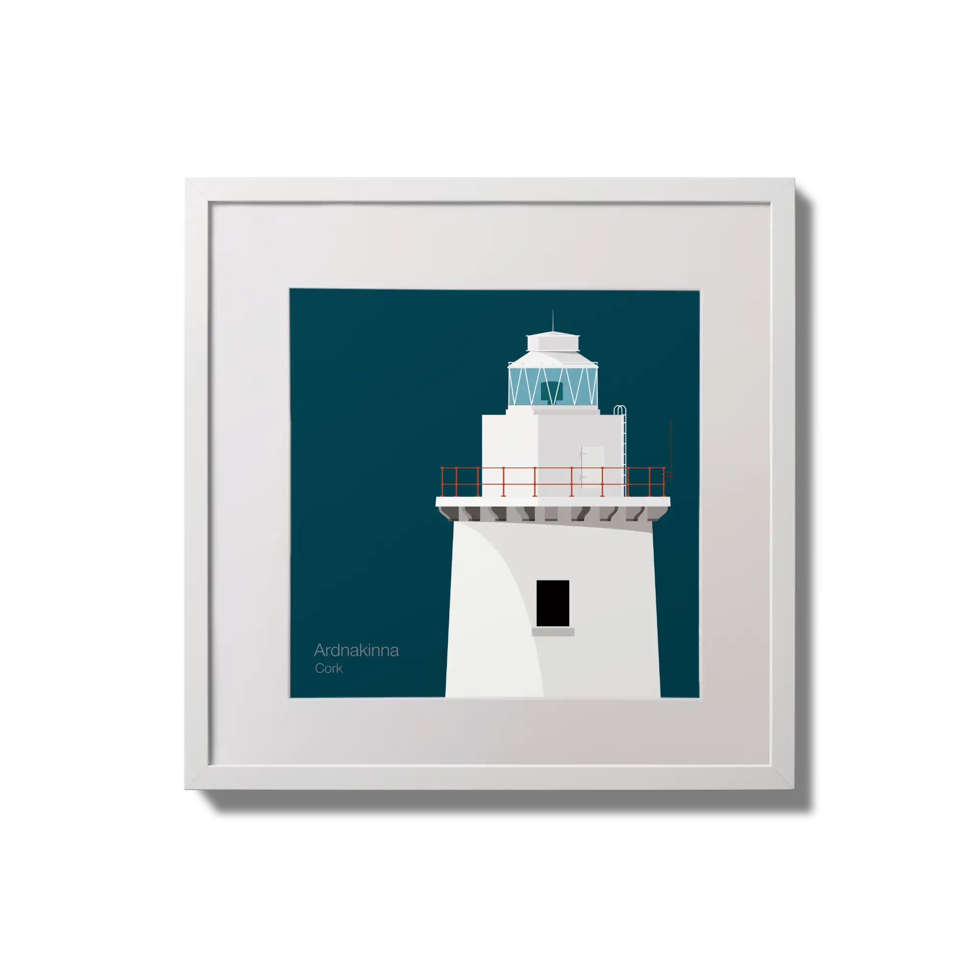 Illustration of Ardnakinna lighthouse on a midnight blue background,  in a white square frame measuring 20x20cm.
