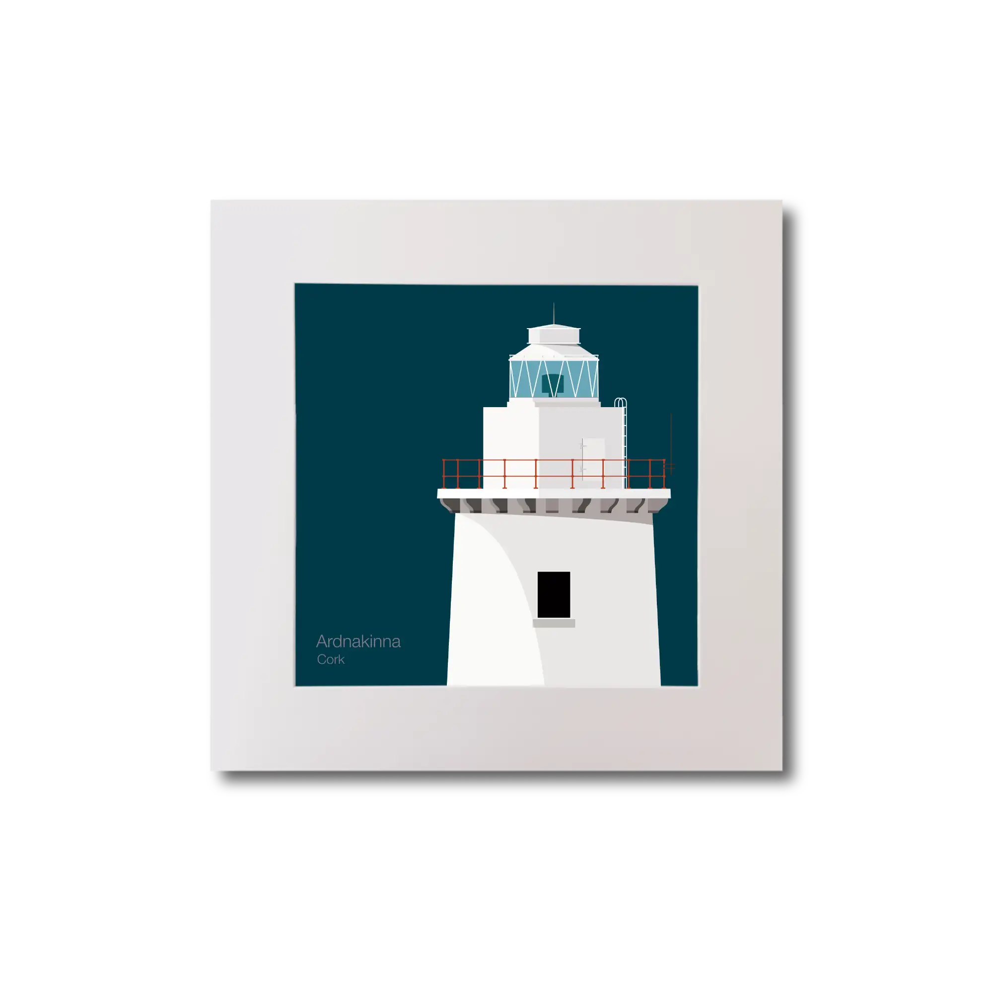 Illustration of Ardnakinna lighthouse on a midnight blue background, mounted and measuring 20x20cm.