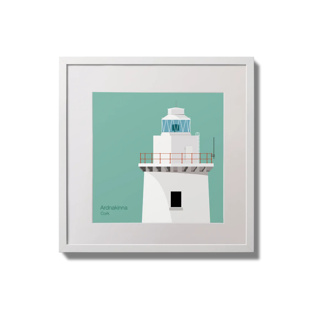 Illustration of Ardnakinna lighthouse on an ocean green background,  in a white square frame measuring 20x20cm.