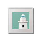 Illustration of Ardnakinna lighthouse on an ocean green background,  in a white square frame measuring 20x20cm.