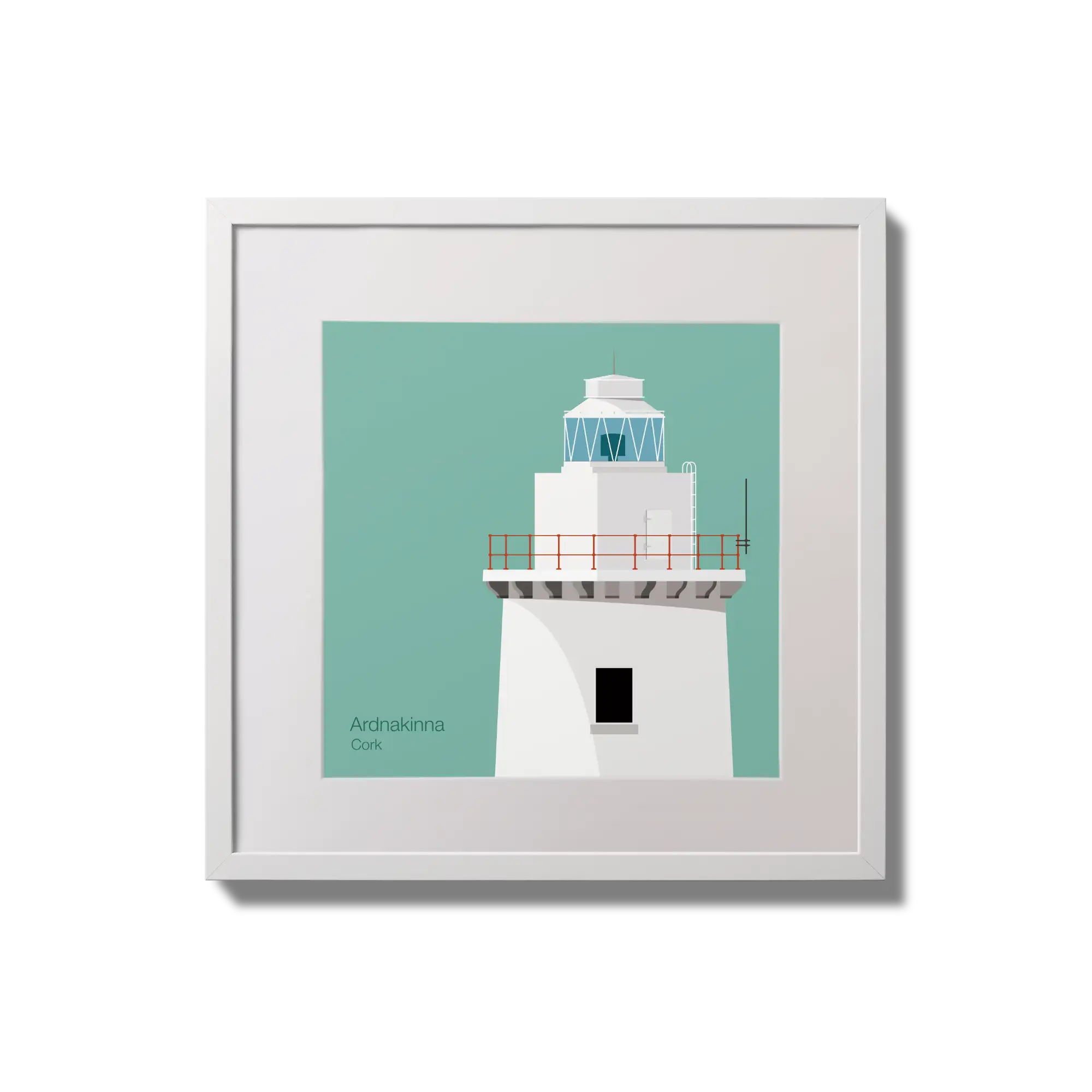 Illustration of Ardnakinna lighthouse on an ocean green background,  in a white square frame measuring 20x20cm.