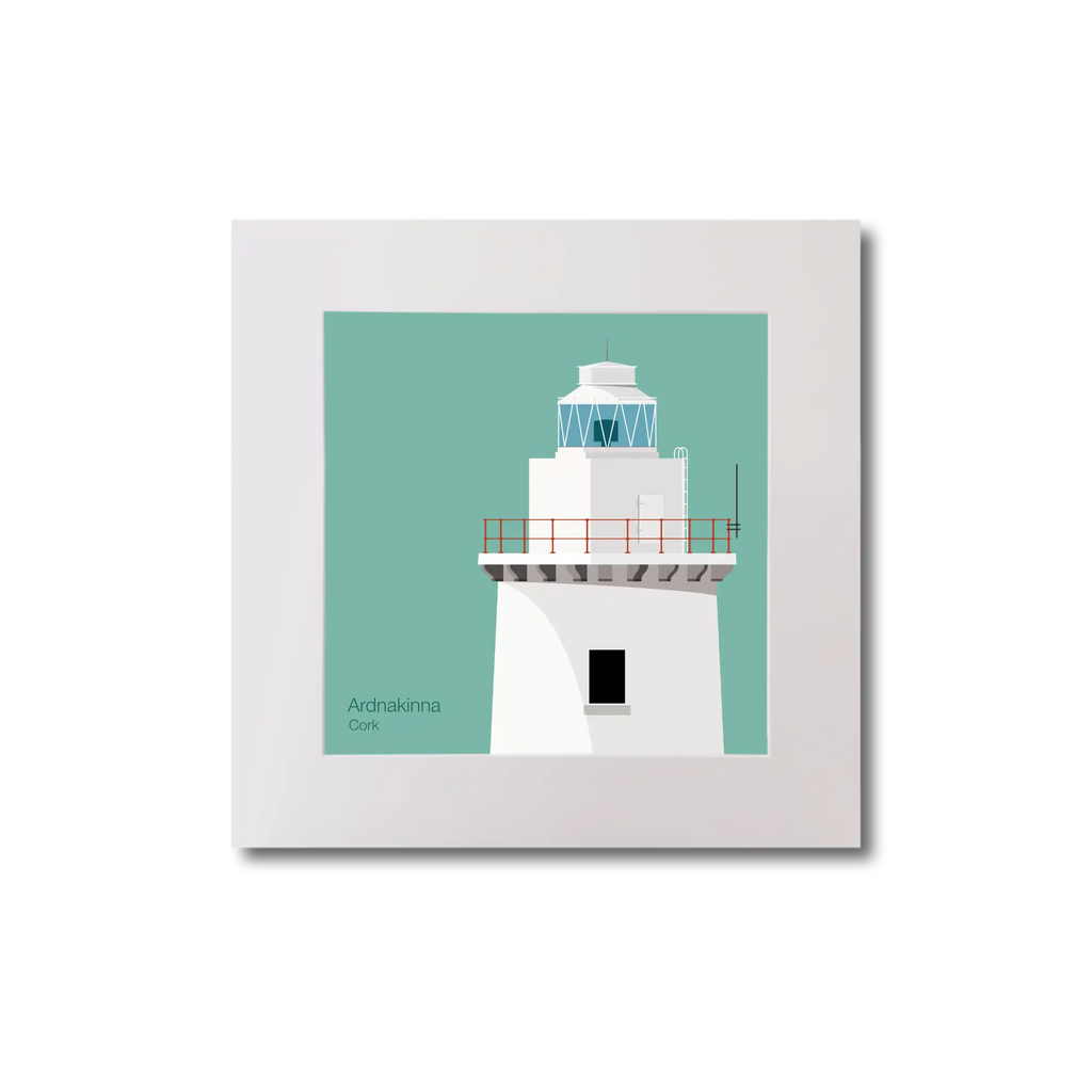 Illustration of Ardnakinna lighthouse on an ocean green background, mounted and measuring 20x20cm.