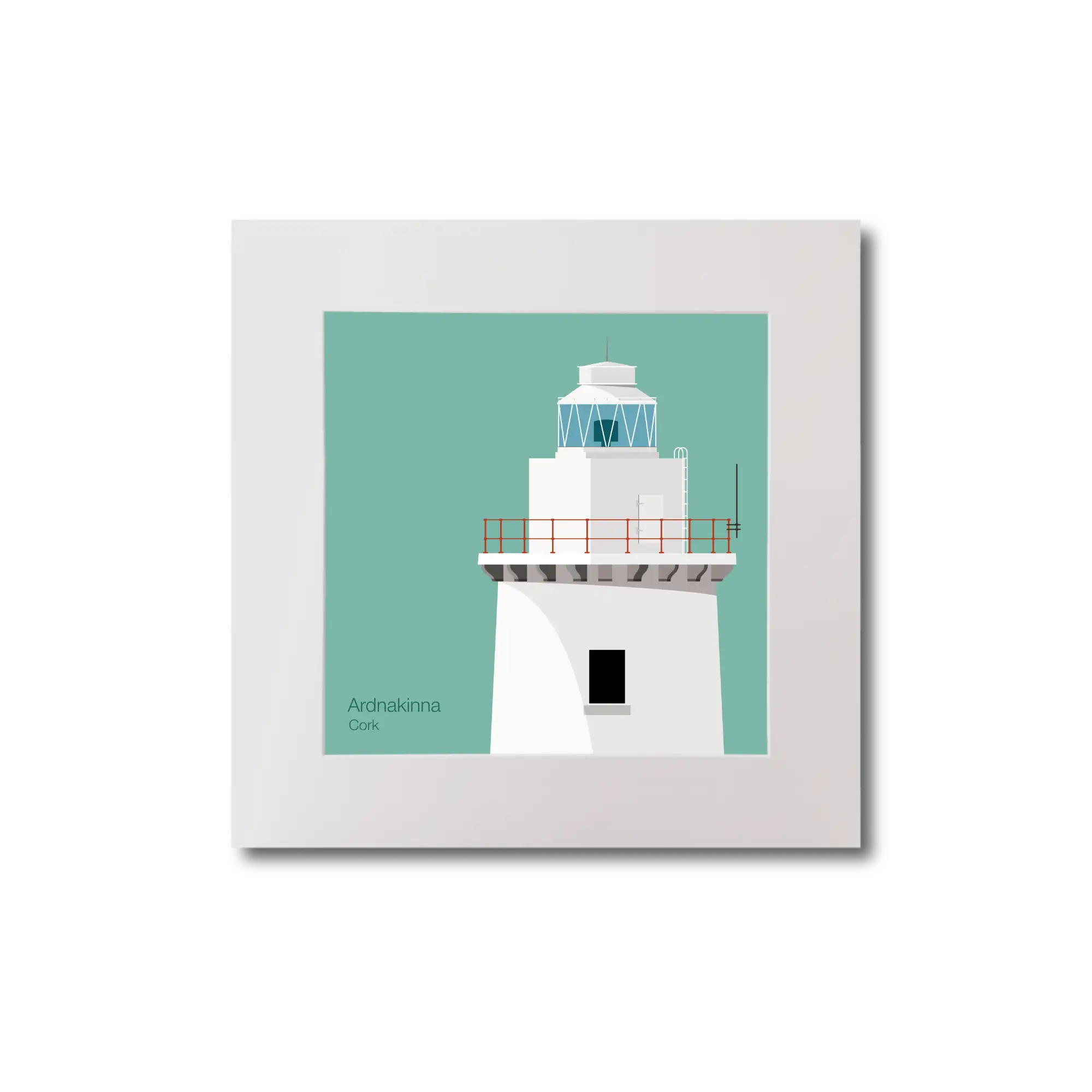 Illustration of Ardnakinna lighthouse on an ocean green background, mounted and measuring 20x20cm.