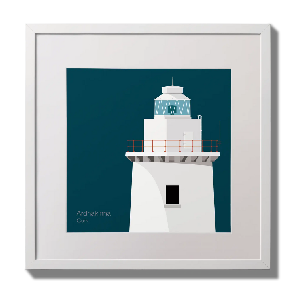 Illustration of Ardnakinna lighthouse on a midnight blue background,  in a white square frame measuring 30x30cm.