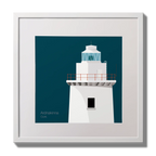 Illustration of Ardnakinna lighthouse on a midnight blue background,  in a white square frame measuring 30x30cm.