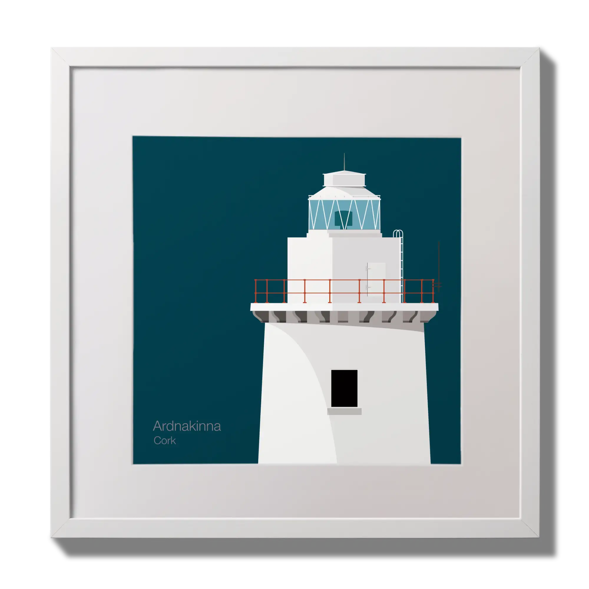 Illustration of Ardnakinna lighthouse on a midnight blue background,  in a white square frame measuring 30x30cm.