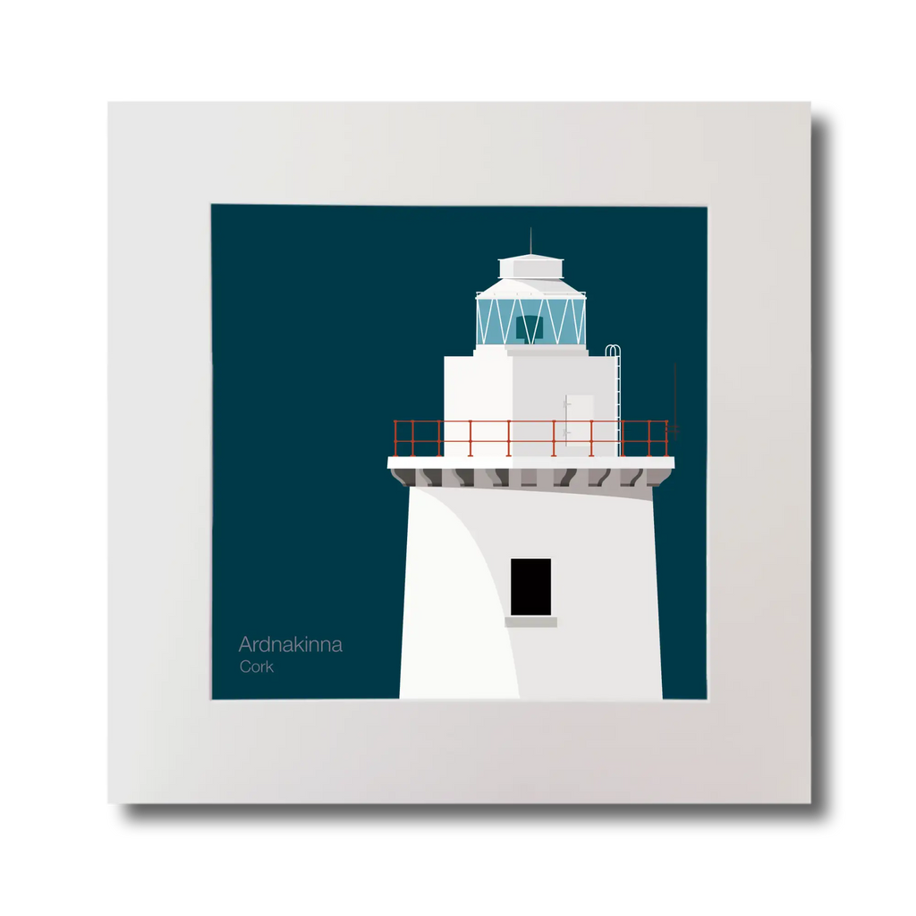 Illustration of Ardnakinna lighthouse on a midnight blue background, mounted and measuring 30x30cm.