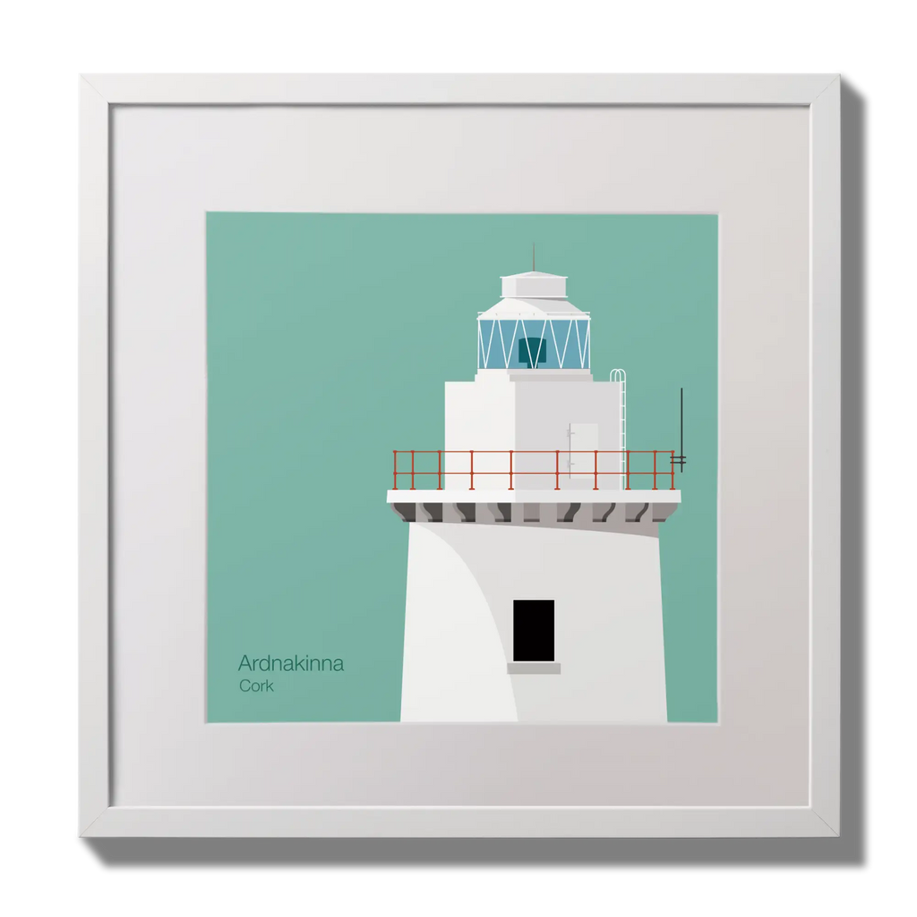 Illustration of Ardnakinna lighthouse on an ocean green background,  in a white square frame measuring 30x30cm.