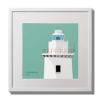 Illustration of Ardnakinna lighthouse on an ocean green background,  in a white square frame measuring 30x30cm.