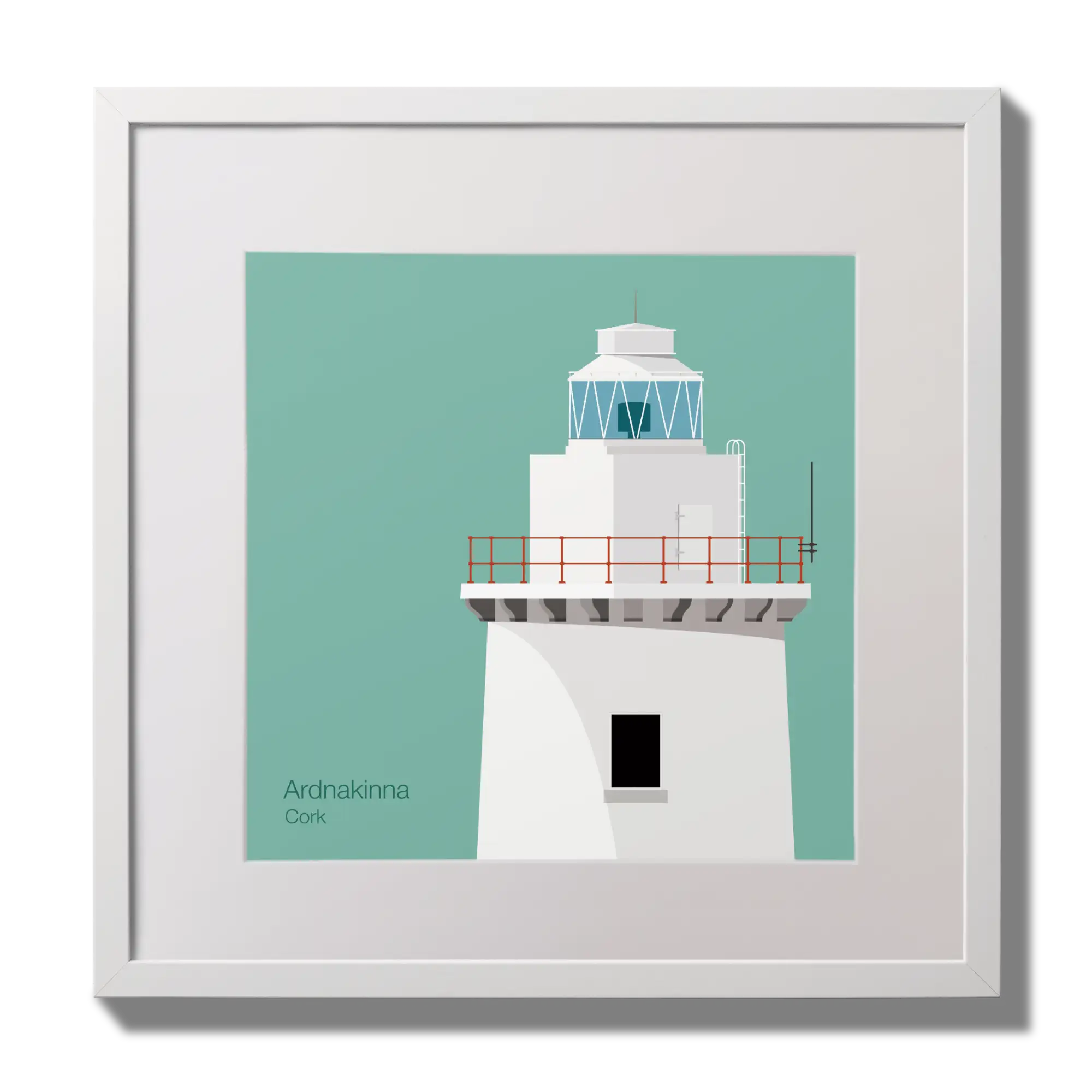 Illustration of Ardnakinna lighthouse on an ocean green background,  in a white square frame measuring 30x30cm.