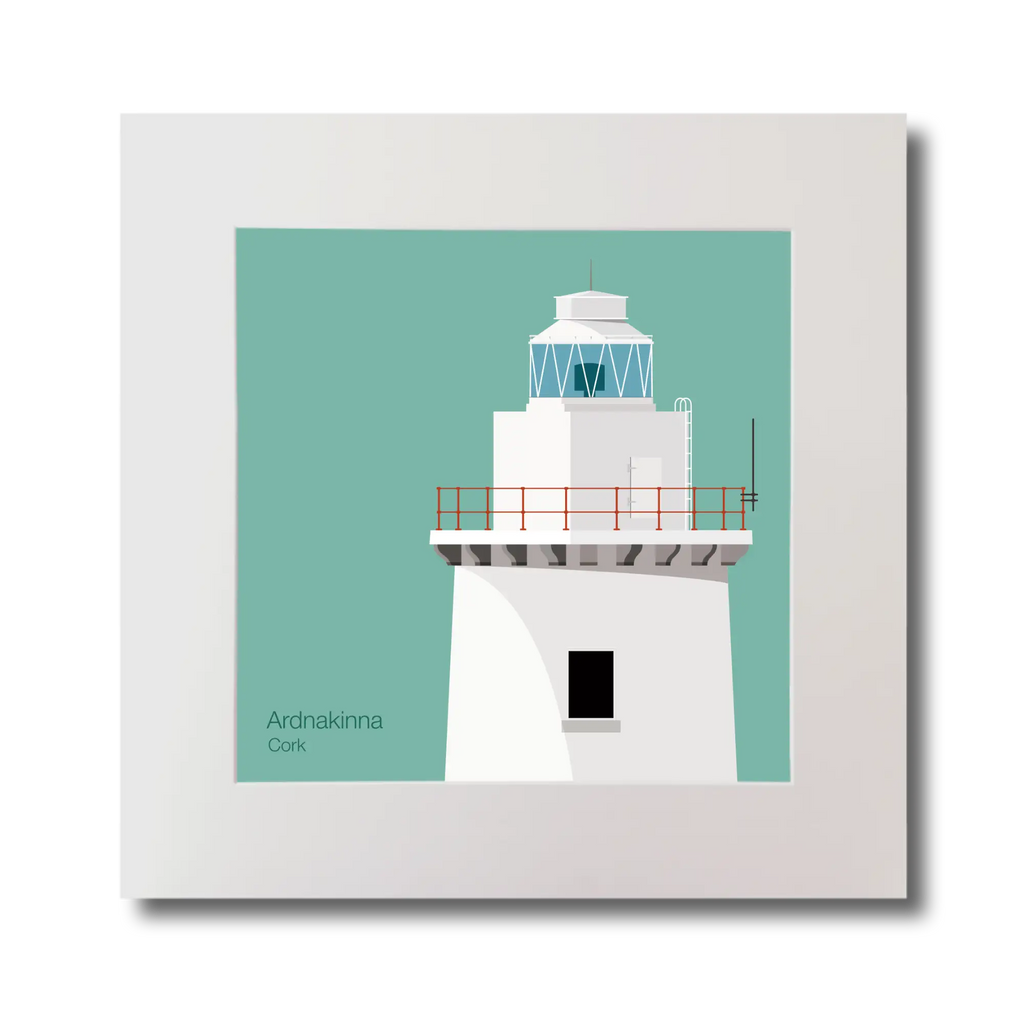 Illustration of Ardnakinna lighthouse on an ocean green background, mounted and measuring 30x30cm.