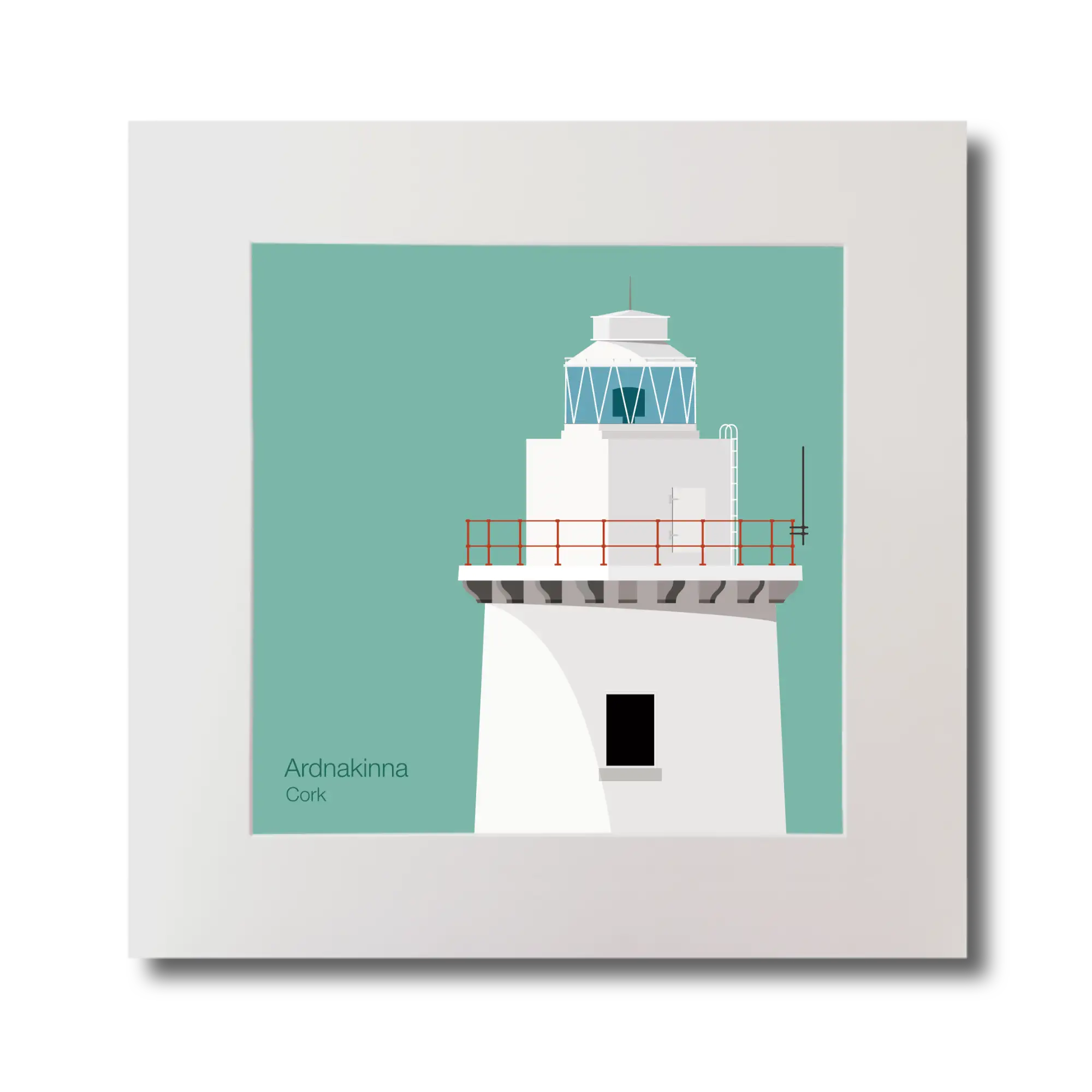 Illustration of Ardnakinna lighthouse on an ocean green background, mounted and measuring 30x30cm.