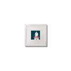 Illustration of Valentia Island lighthouse on a midnight blue background,  in a white square frame measuring 10x10cm.