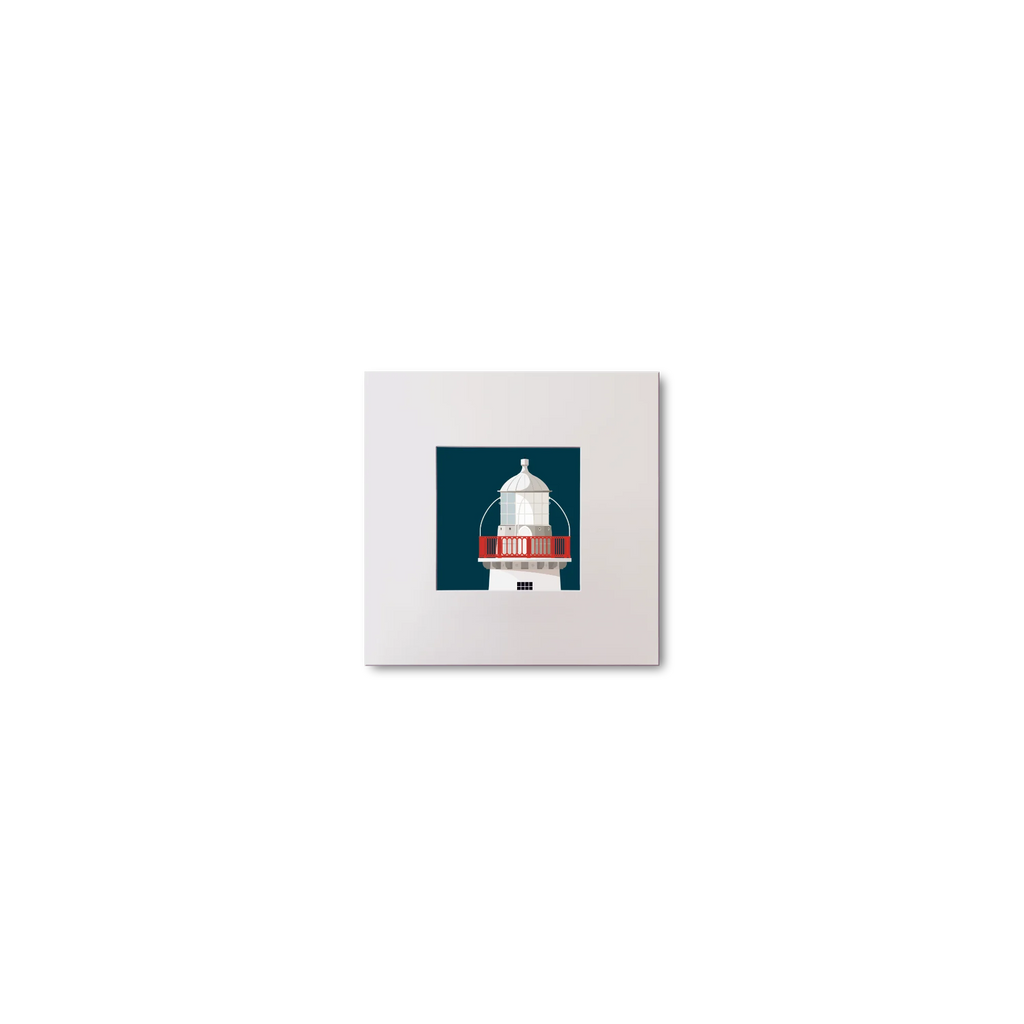 Illustration of Valentia Island lighthouse on a midnight blue background, mounted and measuring 10x10cm.