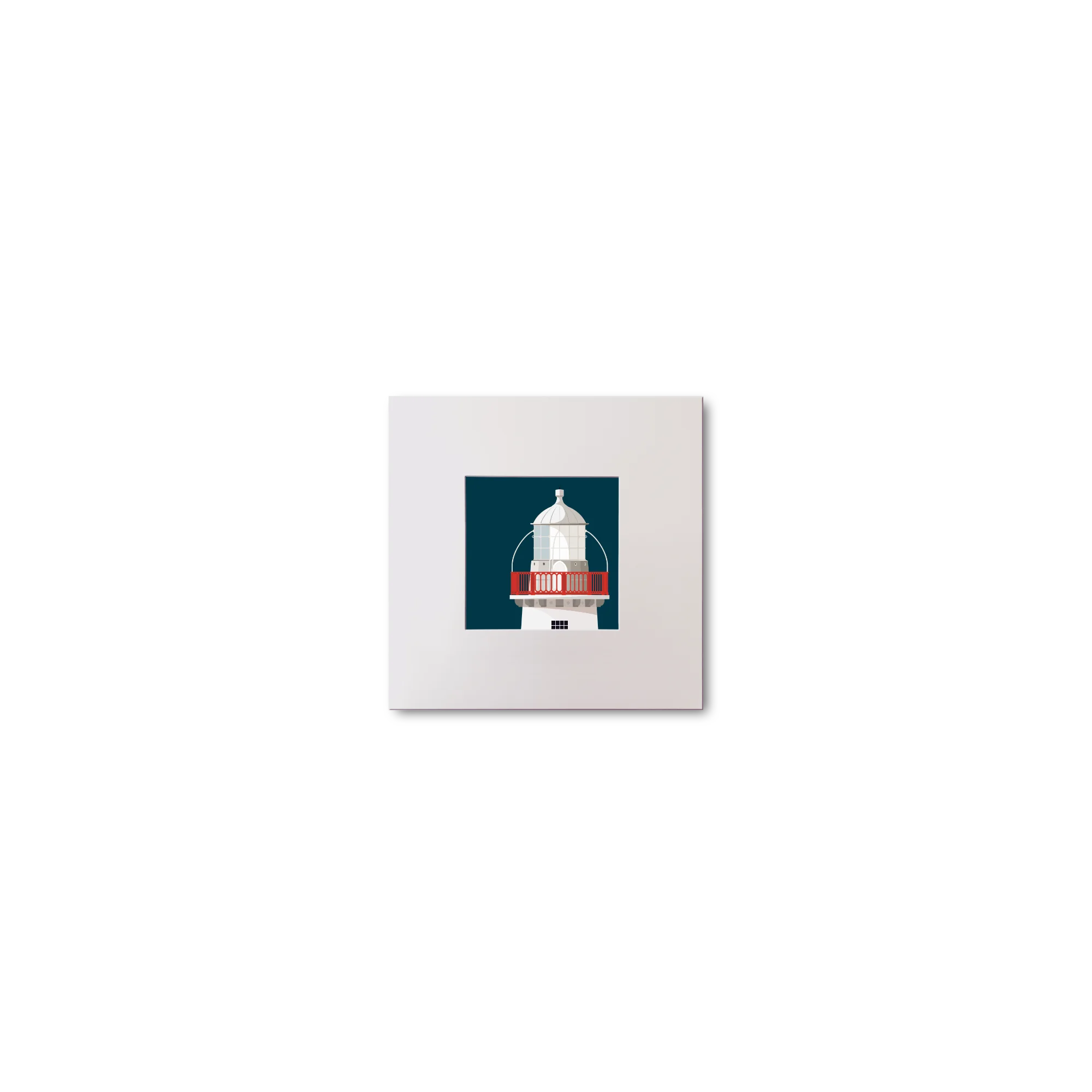 Illustration of Valentia Island lighthouse on a midnight blue background, mounted and measuring 10x10cm.