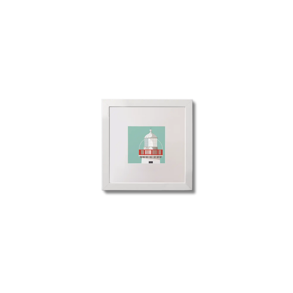 Illustration of Valentia Island lighthouse on an ocean green background,  in a white square frame measuring 10x10cm.